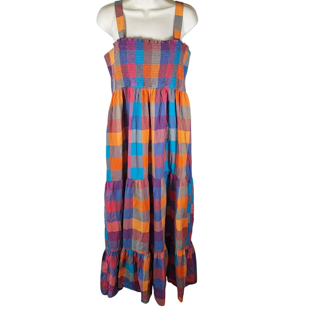 Sezane Smocked Tiered Maxi Dress Plaid Check Cotton 44